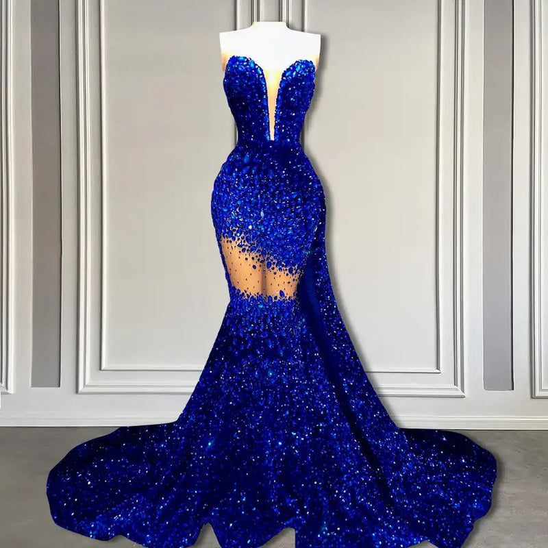 V-Neck Sequins Prom Dress Mermaid Sleeveless Crystal.-Ballbella