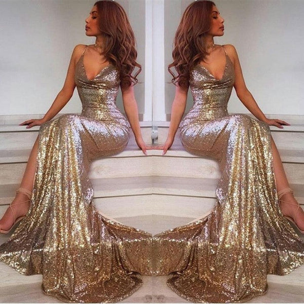 Ballbella custom made V-Neck Sequins New Arrival Prom Party Gowns| Mermaid Evening Dress With Slit. We offer extra coupons,  make in cheap and affordable price. We provide worldwide shipping and will make the dress perfect for everyone.