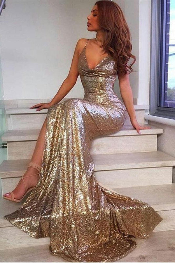 V-Neck Sequins Prom Party Gowns| Mermaid Evening Dress With Slit