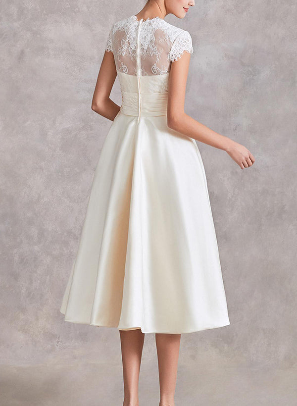 V-Neck Short Sleeves Tea-Length Satin Wedding Dresses Lace-Ballbella