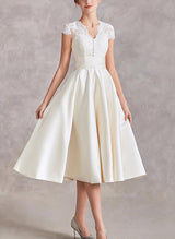 V-Neck Short Sleeves Tea-Length Satin Wedding Dresses Lace-Ballbella