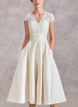 V-Neck Short Sleeves Tea-Length Satin Wedding Dresses Lace-Ballbella