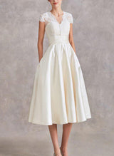 V-Neck Short Sleeves Tea-Length Satin Wedding Dresses Lace-Ballbella