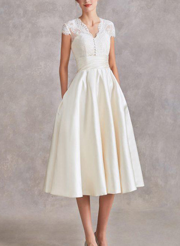 V-Neck Short Sleeves Tea-Length Satin Wedding Dresses Lace-Ballbella