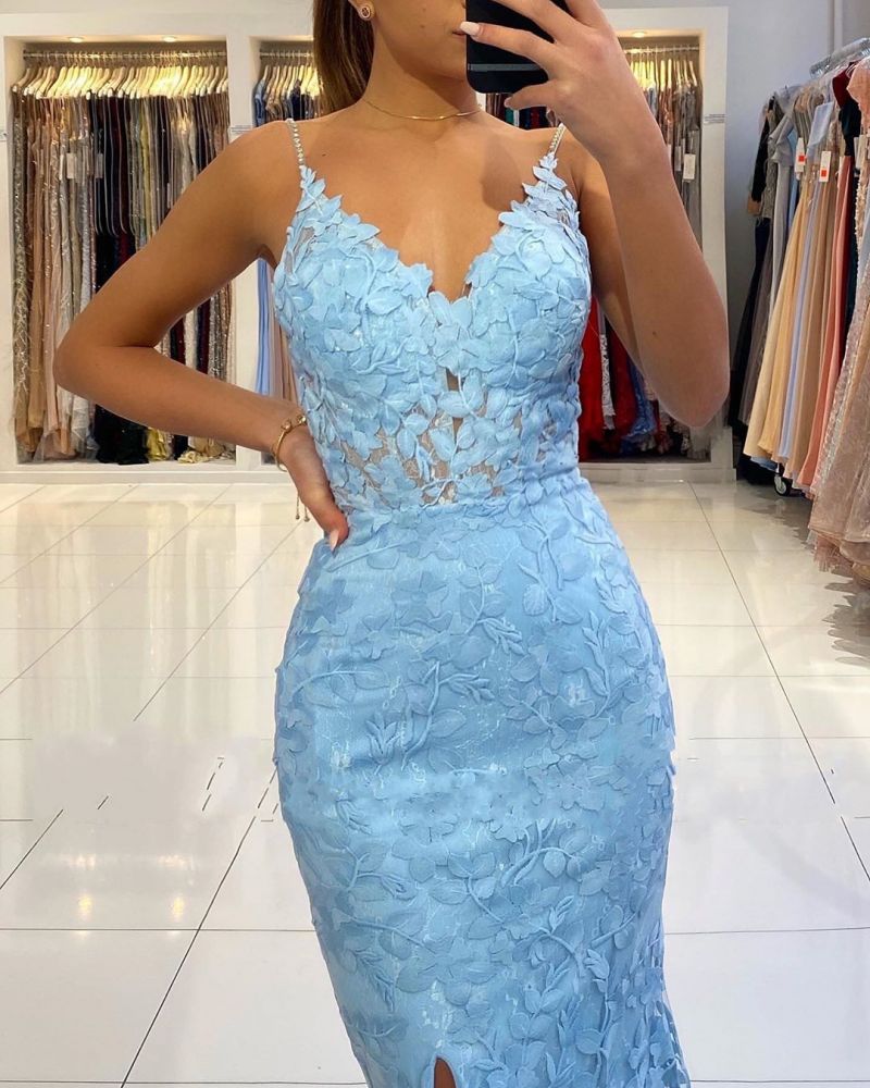 Ballbella offers V-neck Sky Blue High Split Special Lace Design Evening Dress at a cheap price from Lace to Mermaid Floor-length hem.. Get Gorgeous yet affordable Long Sleevess Prom Dresses, Evening Dresses, Mother dress.