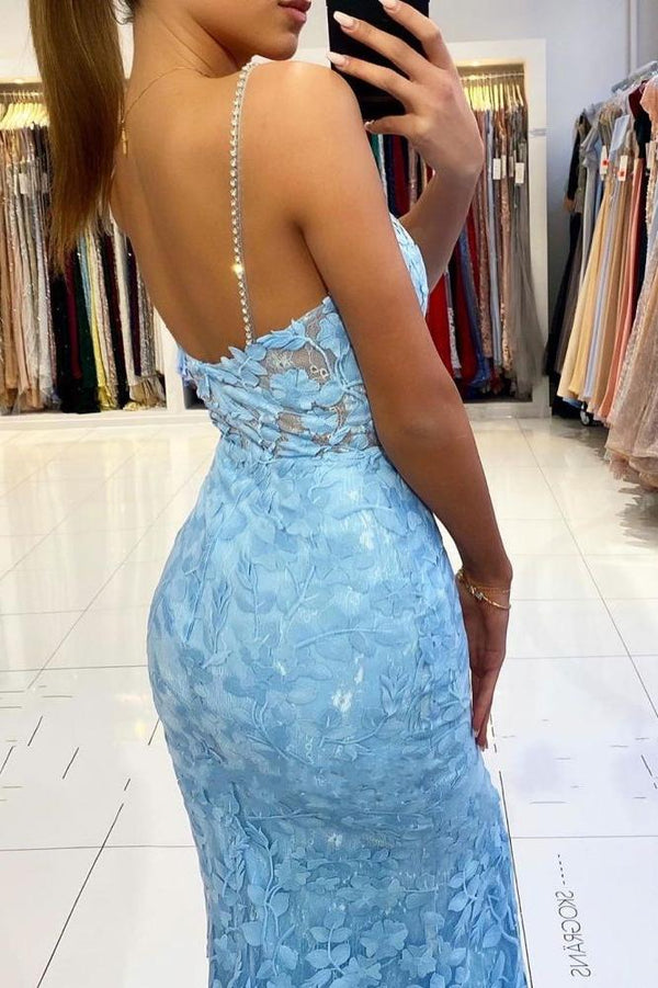 V-neck Sky Blue High Split Special Lace Design Evening Dress V-neck Sky Blue High Split Special Lace Design Evening Dress