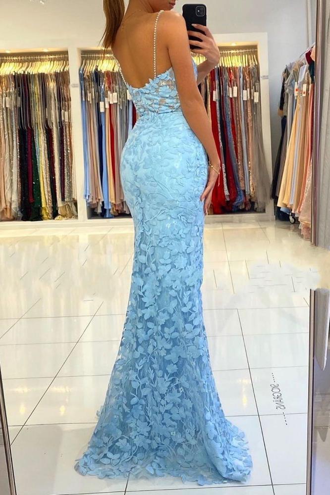 V-neck Sky Blue High Split Special Lace Design Evening Dress V-neck Sky Blue High Split Special Lace Design Evening Dress