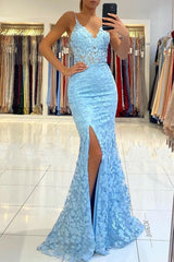 Ballbella offers V-neck Sky Blue High Split Special Lace Design Evening Dress at a cheap price from Lace to Mermaid Floor-length hem.. Get Gorgeous yet affordable Long Sleevess Prom Dresses, Evening Dresses, Mother dress.
