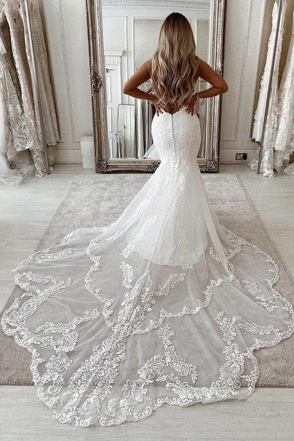 V-Neck Sleeveless Appliques Lace Mermaid Long Wedding Dresses-Ballbella
