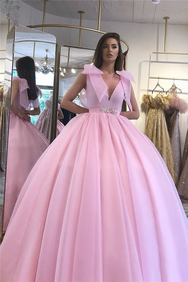 Ballbella offers beautiful V-neck Sleeveless Belt Ball Gown Dresses Floor Length Formal Dresses to fit your style,  body type &Elegant sense. Check out  selection and find the Ball Gown Prom Party Gowns of your dreams!