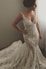 V neck Sleeveless Mermaid Wedding Dresses Modern Lace Appliques Bridal Gown-Ballbella