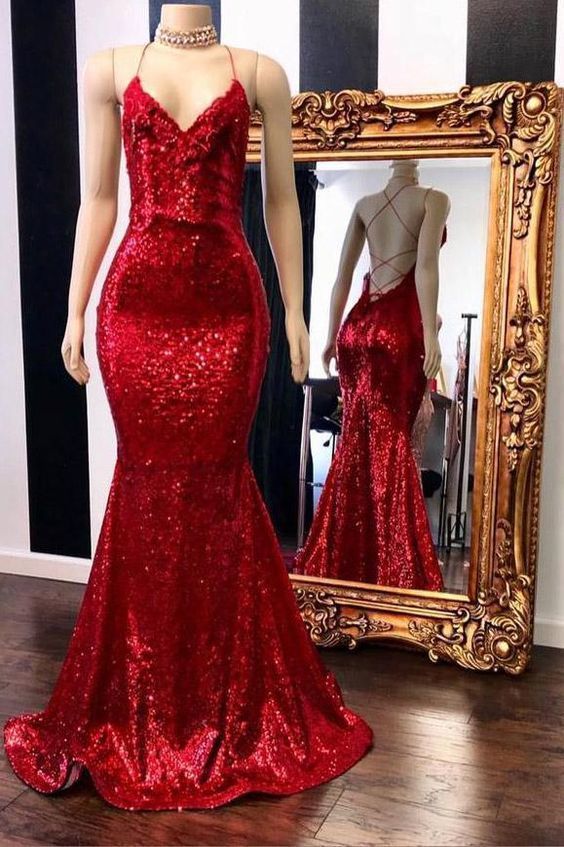V-neck Sleeveless Spaghetti Sequins Mermaid Long Prom Dresses-Ballbella