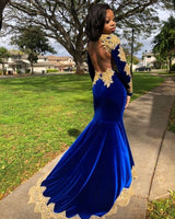 Looking for Prom Dresses, Evening Dresses in Velvet,  Mermaid style,  and Gorgeous Appliques, Split Front work? Ballbella has all covered on this elegant Velvet Long Sleeves Mermaid Evening Gowns Front Split Gold Apliques Prom Party Gowns Royal Blue.