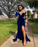 Looking for Prom Dresses, Evening Dresses in Velvet,  Mermaid style,  and Gorgeous Appliques, Split Front work? Ballbella has all covered on this elegant Velvet Long Sleeves Mermaid Evening Gowns Front Split Gold Apliques Prom Party Gowns Royal Blue.