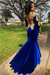 Velvet Long Sleeves Mermaid Front Split Gold Apliques Prom Party Gowns Royal Blue-Ballbella