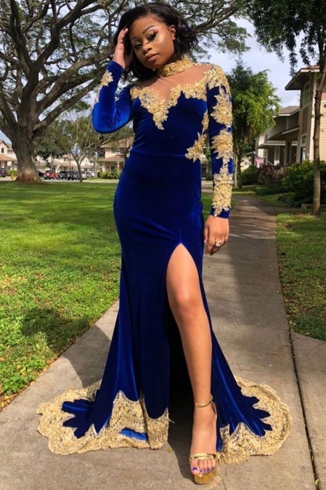 Velvet Long Sleeves Mermaid Front Split Gold Apliques Prom Party Gowns Royal Blue Velvet Long Sleeves Mermaid Front Split Gold Apliques Prom Party Gowns Royal Blue