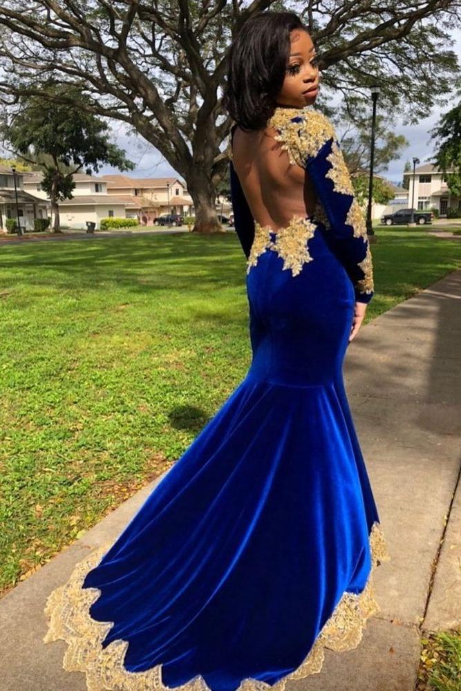 Velvet Long Sleeves Mermaid Front Split Gold Apliques Prom Party Gowns Royal Blue-Ballbella