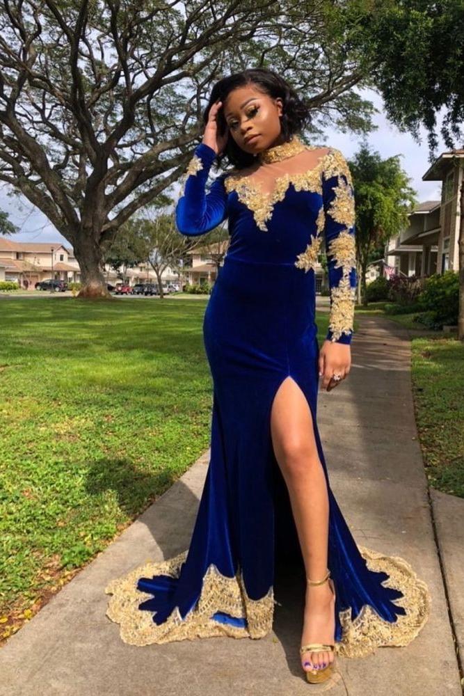 Velvet Long Sleeves Mermaid Front Split Gold Apliques Prom Party Gowns Royal Blue Velvet Long Sleeves Mermaid Front Split Gold Apliques Prom Party Gowns Royal Blue