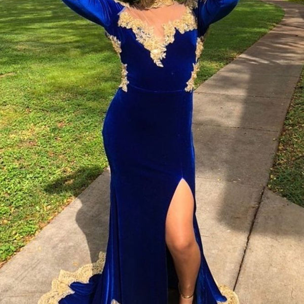 royal blue and gold mermaid dress Velvet Long Sleeves Front Split Apliques Prom Party Gowns royal blue and gold formal dress