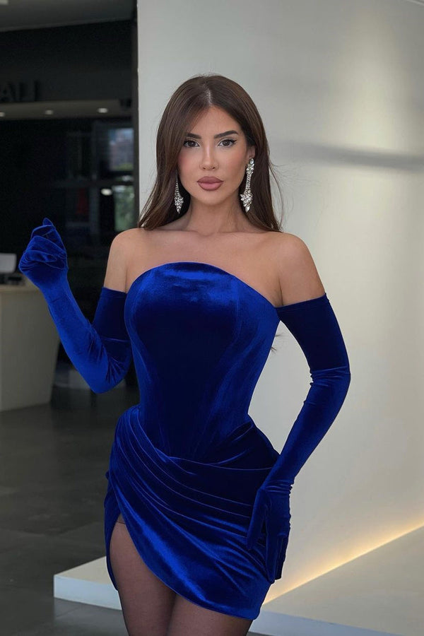 Velvet Mermaid Strapless Gloves Mini Open Back Sexy Homecoming Dress-Ballbella