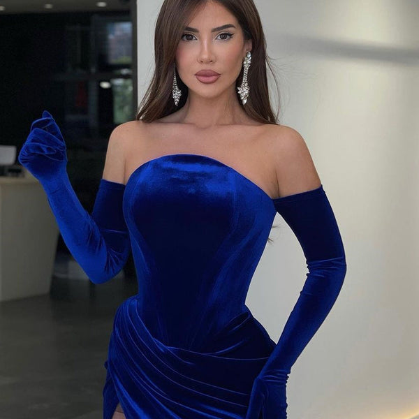 Velvet Mermaid Strapless Gloves Mini Open Back Sexy Homecoming Dress