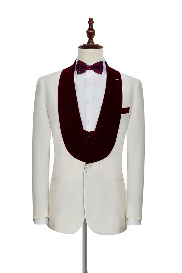 Velvet Shawl Collar White Wedding Tuxedos Three Piece Wedding Suits with Burgundy Vest-Ballbella