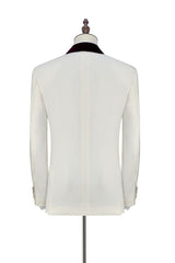 Velvet Shawl Collar White Wedding Tuxedos Three Piece Wedding Suits with Burgundy Vest-Ballbella