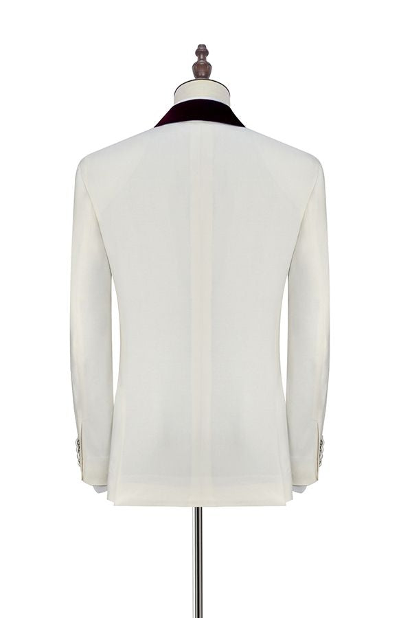 Velvet Shawl Collar White Wedding Tuxedos Three Piece Wedding Suits with Burgundy Vest-Ballbella