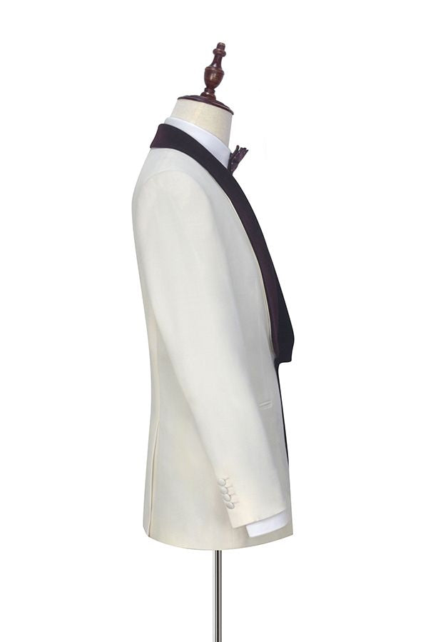 Velvet Shawl Collar White Wedding Tuxedos Three Piece Wedding Suits with Burgundy Vest-Ballbella