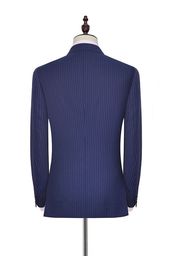 Vertical Stripes Peak Lapel Mens Suits for Business Two Buttons Navy Blue Suits for Men-Ballbella