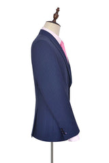 Vertical Stripes Peak Lapel Mens Suits for Business Two Buttons Navy Blue Suits for Men-Ballbella