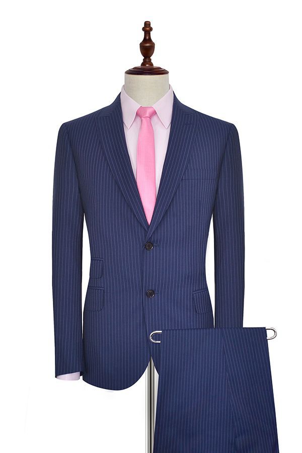 Vertical Stripes Peak Lapel Mens Suits for Business Two Buttons Navy Blue Suits for Men-Ballbella