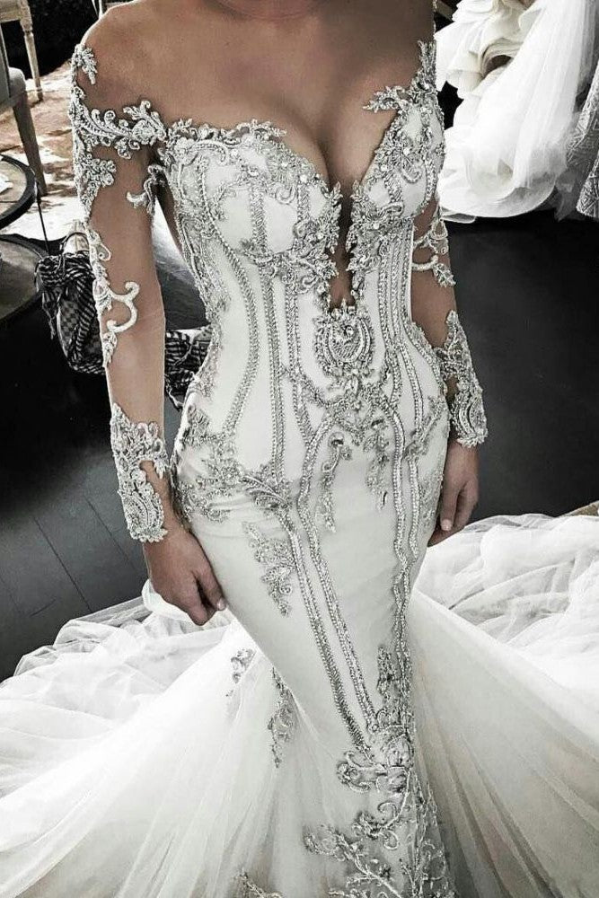 Vintage Appliques Mermaid Wedding Dresses Off the Shoulder Long Sleevess Bridal Gowns-Ballbella