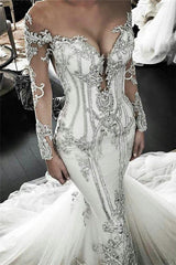 Vintage Appliques Mermaid Wedding Dresses Off the Shoulder Long Sleevess Bridal Gowns-Ballbella