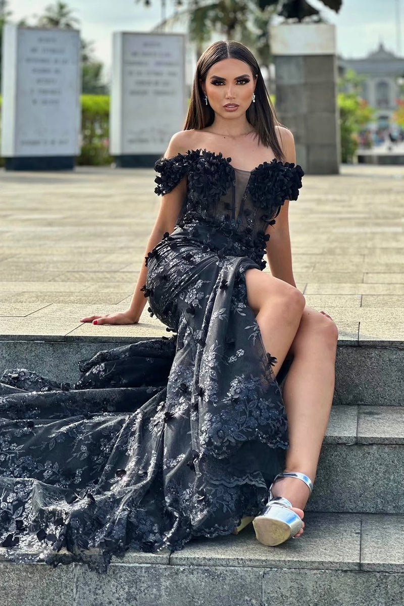 off the shoulder vintage prom dresses Vintage Black Off-The-Shoulder Mermaid Prom Dresses Sheath Long With High Split