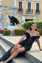 Vintage Black Off-The-Shoulder Mermaid Prom Dresses Sheath Long With High Split-Ballbella