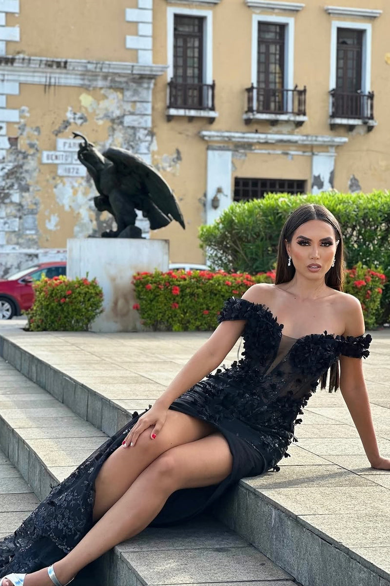 vintage off the shoulder prom dress Vintage Black Off-The-Shoulder Mermaid Prom Dresses Sheath Long With High Split