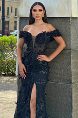 Vintage Black Off-The-Shoulder Mermaid Prom Dresses Sheath Long With High Split-Ballbella