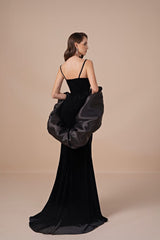 Vintage Black V-Neck Spaghetti-Straps Sleeveless Velvet Prom Dresses Mermaid With Beads Zipper-Ballbella