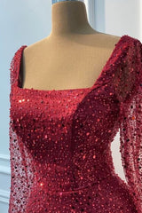Vintage Burgundy Square Long Sleeves Sequins Prom Dresses Mermaid Sheath Online-Ballbella