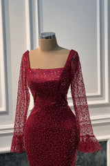 Vintage Burgundy Square Long Sleeves Sequins Prom Dresses Mermaid Sheath Online-Ballbella