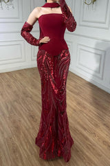 Vintage Burgundy Strapless Mermaid Prom Dresses Two-Pieces Beads With Detachable Sleeves-Ballbella