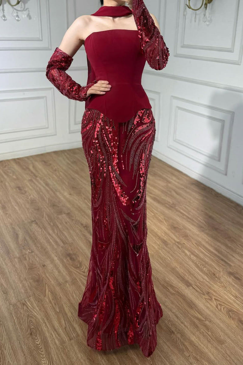 prom dresses burgundy two piece Burgundy two pieces sequin long prom dress, evening dress