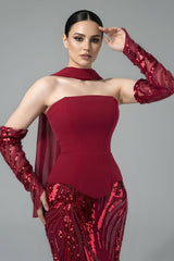 Vintage Burgundy Strapless Mermaid Prom Dresses Two-Pieces Beads With Detachable Sleeves-Ballbella