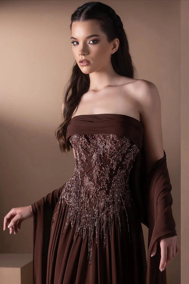 brown vintage prom dress Vintage Dark Brown Strapless Sleeveless Chiffon Prom Dresses A-Line Beads With Shawl
