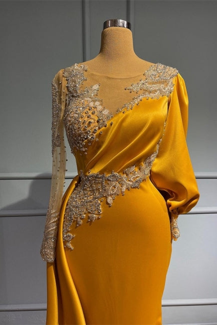 Vintage Jewel Asymmetric Beading Long Sleeves Evening Prom Dresses with Appliques-Ballbella
