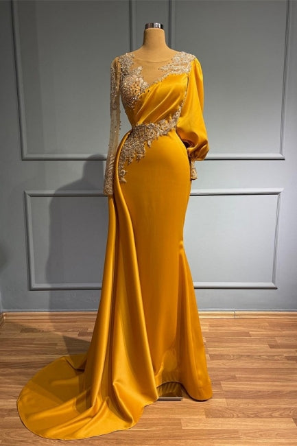 Vintage Jewel Asymmetric Beading Long Sleeves Evening Prom Dresses with Appliques-Ballbella