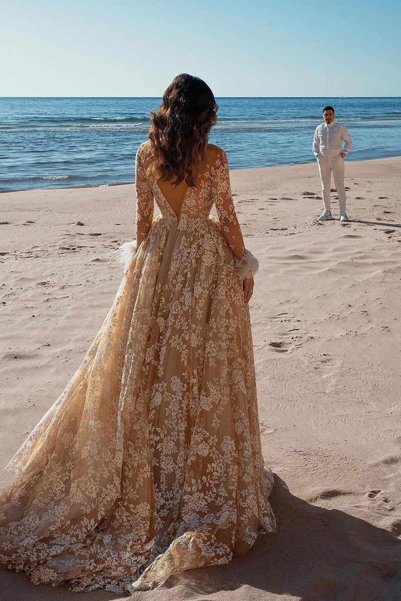 Vintage Long Sleeve Lace Wedding Dress Mermaid Tulle Bridal Gowns-Ballbella