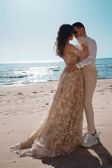 Vintage Long Sleeve Lace Wedding Dress Mermaid Tulle Bridal Gowns-Ballbella