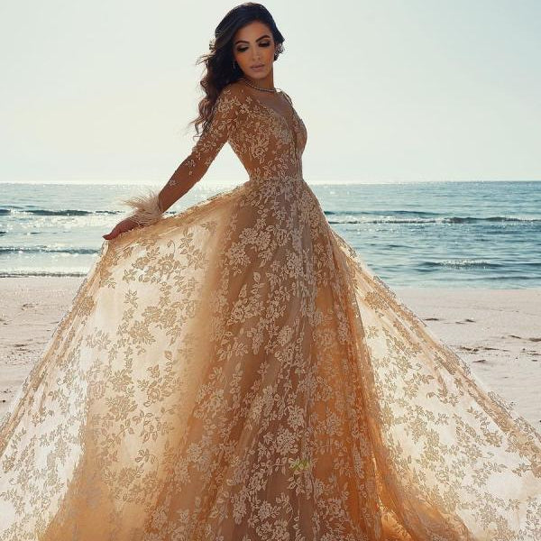 Vintage Long Sleeve Lace Wedding Dress Mermaid Tulle Bridal Gowns